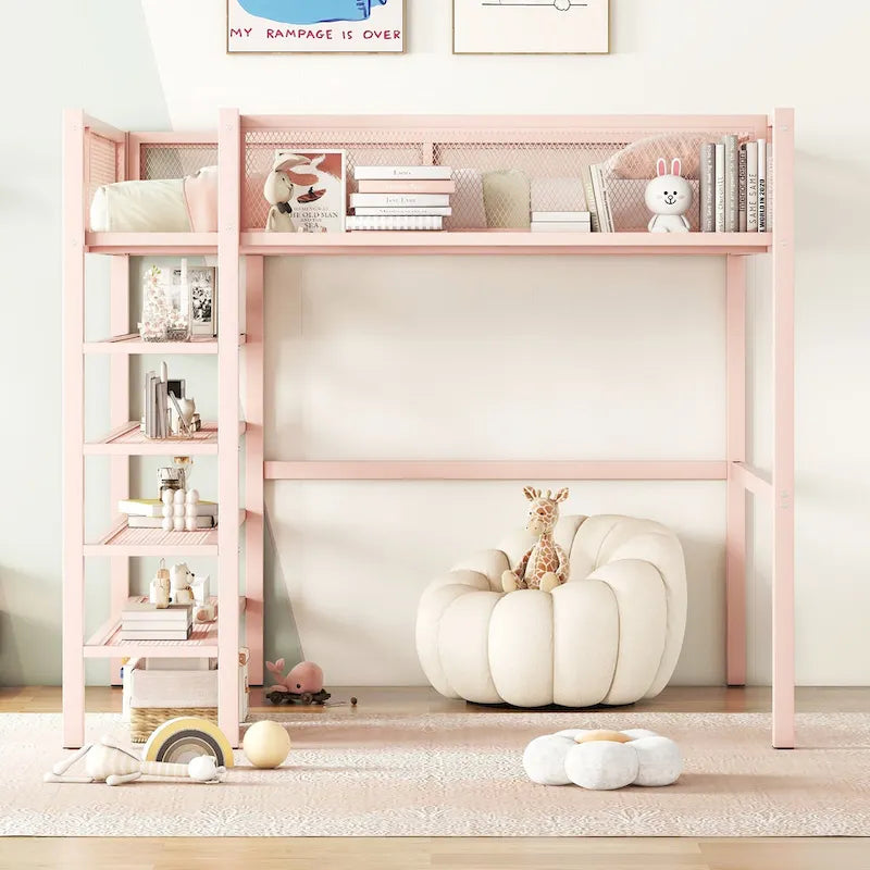 Pink Full Metal Loft Bed with Workstation