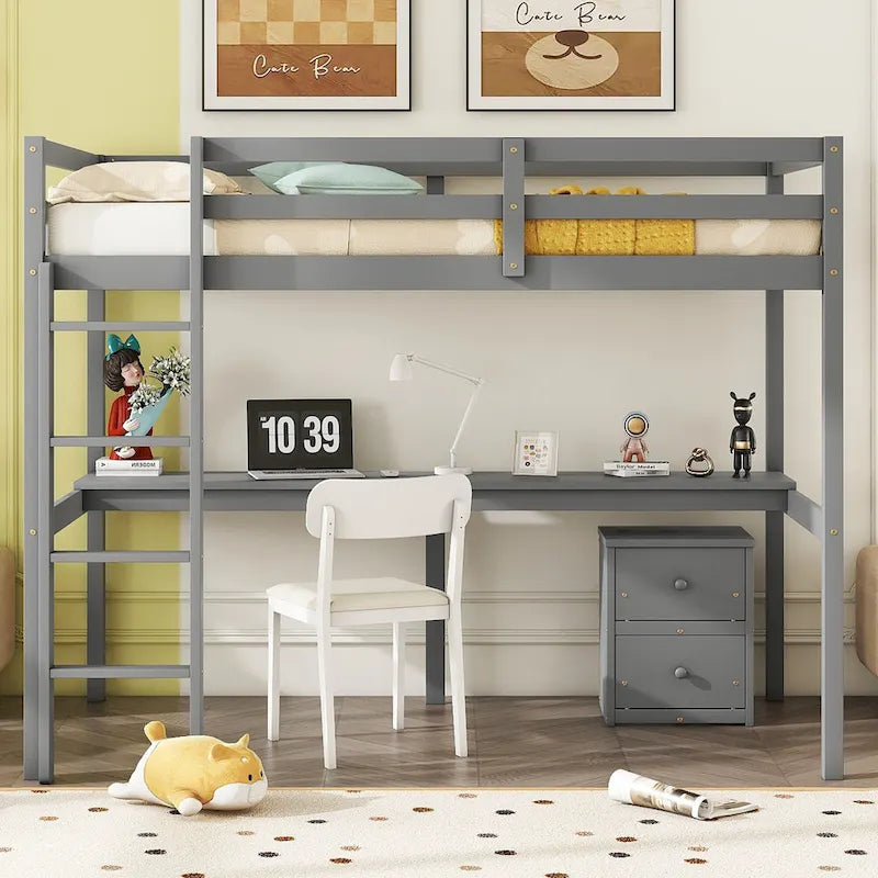 Twin Size Wood Loft Bed with Desk, Storage, and Ladder