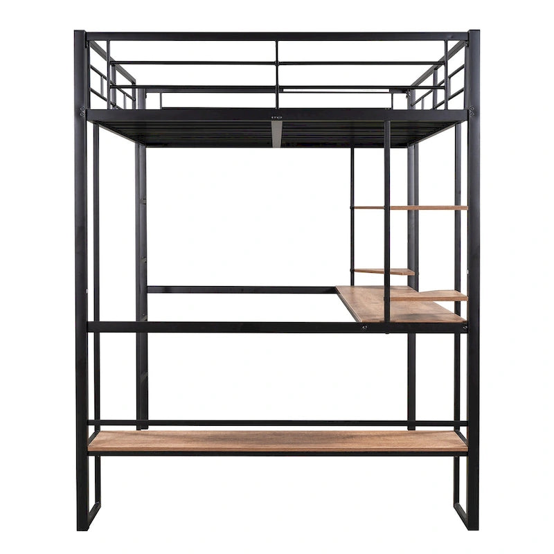 Full Metal Loft Bed with Long Desk & Shelves