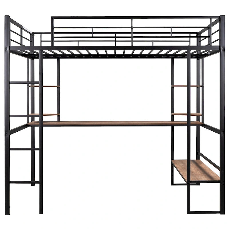 Full Metal Loft Bed with Long Desk & Shelves