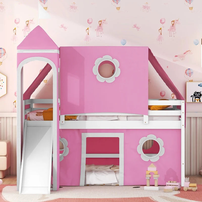 Full Size Cute Solid Wood House Loft Bed with Slide, Tent, and Tower for Kids