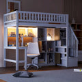 Wood Twin Size Loft Bed with Built-in Desk, LED, Storage Shelves, Cabinets, and Staircase