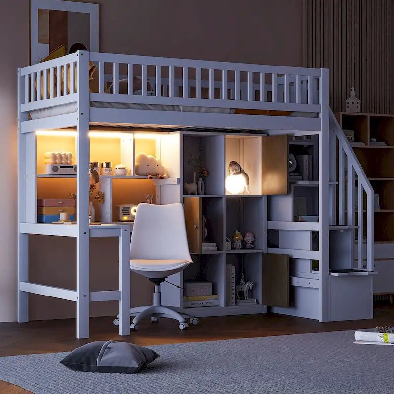 Wood Twin Size Loft Bed with Built-in Desk, LED, Storage Shelves, Cabinets, and Staircase