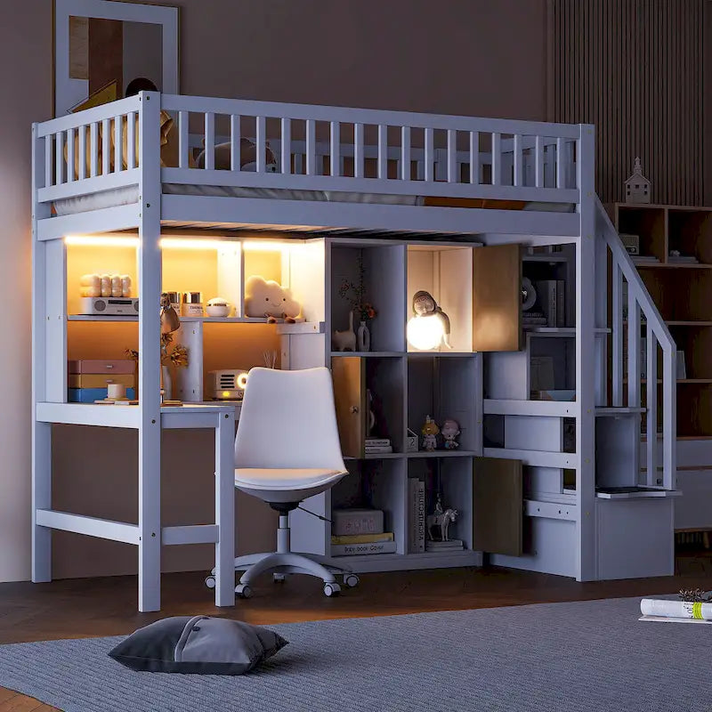 Wood Twin Size Loft Bed with Built-in Desk, LED, Storage Shelves, Cabinets, and Staircase