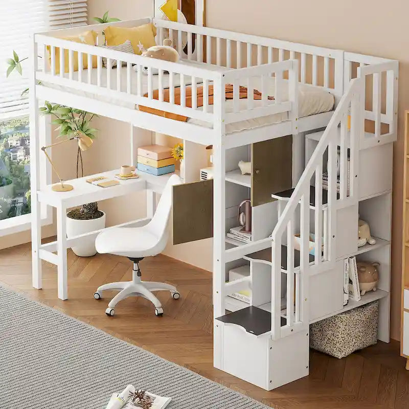 Wood Twin Size Loft Bed with Built-in Desk, LED, Storage Shelves, Cabinets, and Staircase