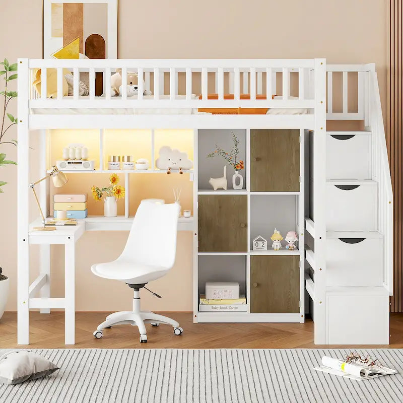 Wood Twin Size Loft Bed with Built-in Desk, LED, Storage Shelves, Cabinets, and Staircase