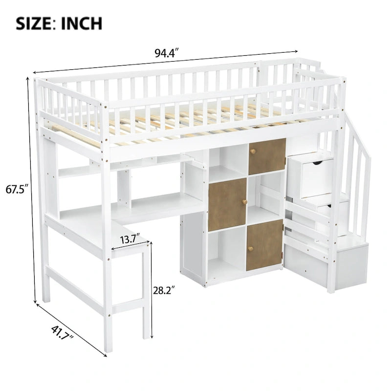 Wood Twin Size Loft Bed with Built-in Desk, LED, Storage Shelves, Cabinets, and Staircase