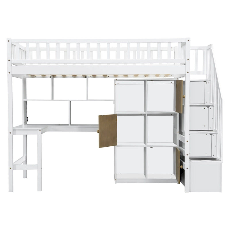 Wood Twin Size Loft Bed with Built-in Desk, LED, Storage Shelves, Cabinets, and Staircase
