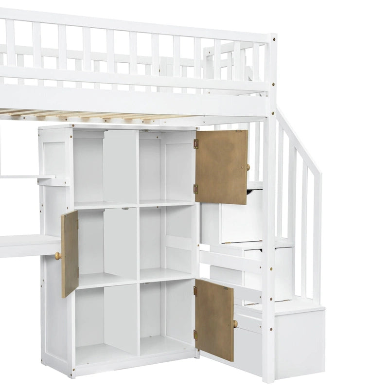Wood Twin Size Loft Bed with Built-in Desk, LED, Storage Shelves, Cabinets, and Staircase