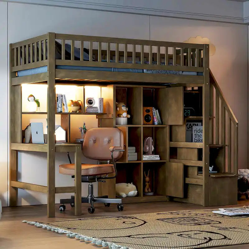 Wood Twin Size Loft Bed with Built-in Desk, LED, Storage Shelves, Cabinets, and Staircase