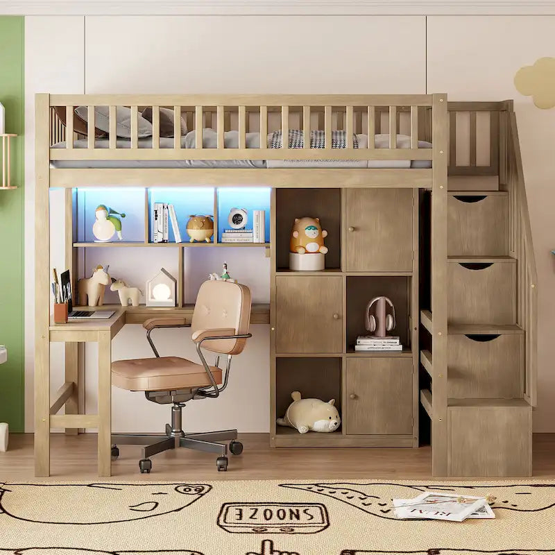 Wood Twin Size Loft Bed with Built-in Desk, LED, Storage Shelves, Cabinets, and Staircase