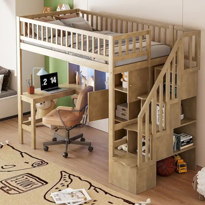 Wood Twin Size Loft Bed with Built-in Desk, LED, Storage Shelves, Cabinets, and Staircase