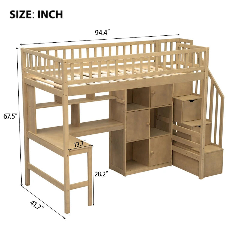 Wood Twin Size Loft Bed with Built-in Desk, LED, Storage Shelves, Cabinets, and Staircase