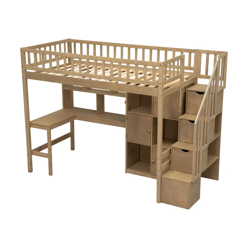Wood Twin Size Loft Bed with Built-in Desk, LED, Storage Shelves, Cabinets, and Staircase