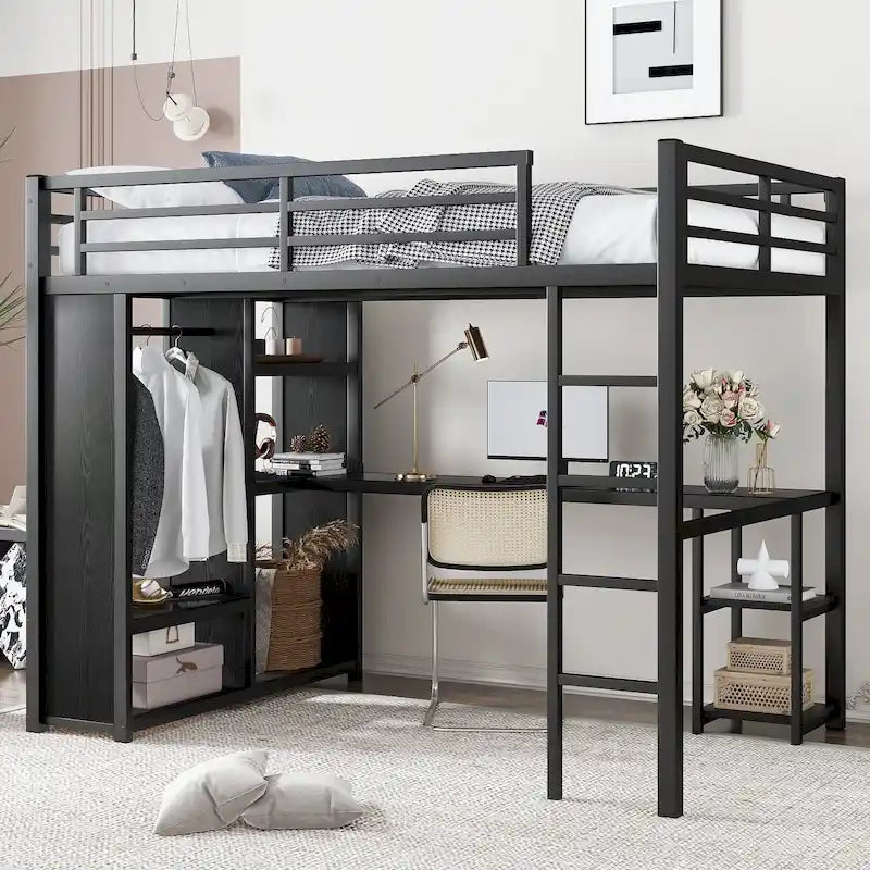 Loft Bed with Built-in Wardrobe, Desk, and Storage Shelves, Space-Saving Design