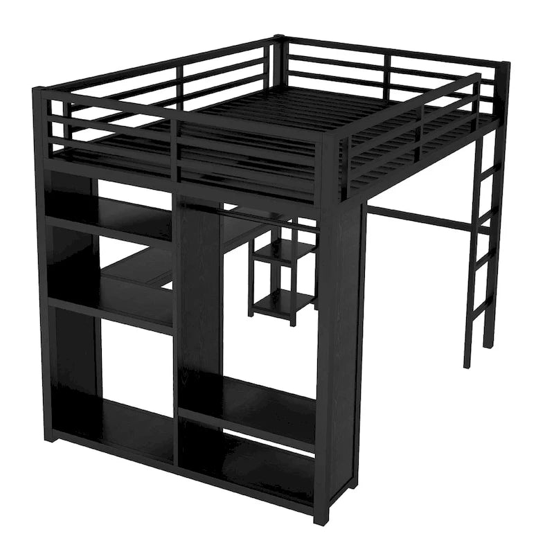 Loft Bed with Built-in Wardrobe, Desk, and Storage Shelves, Space-Saving Design