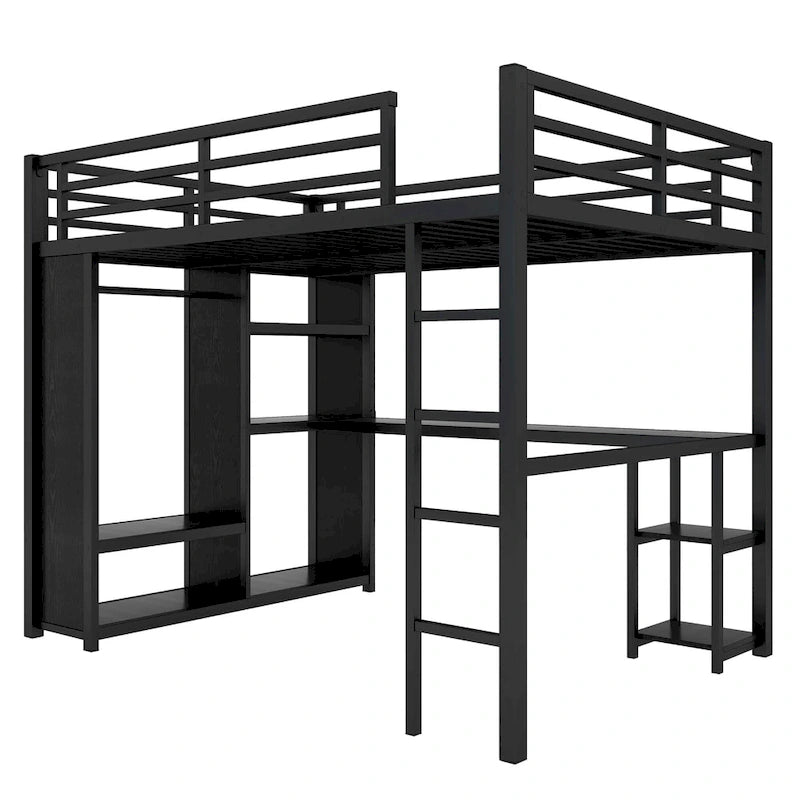 Loft Bed with Built-in Wardrobe, Desk, and Storage Shelves, Space-Saving Design