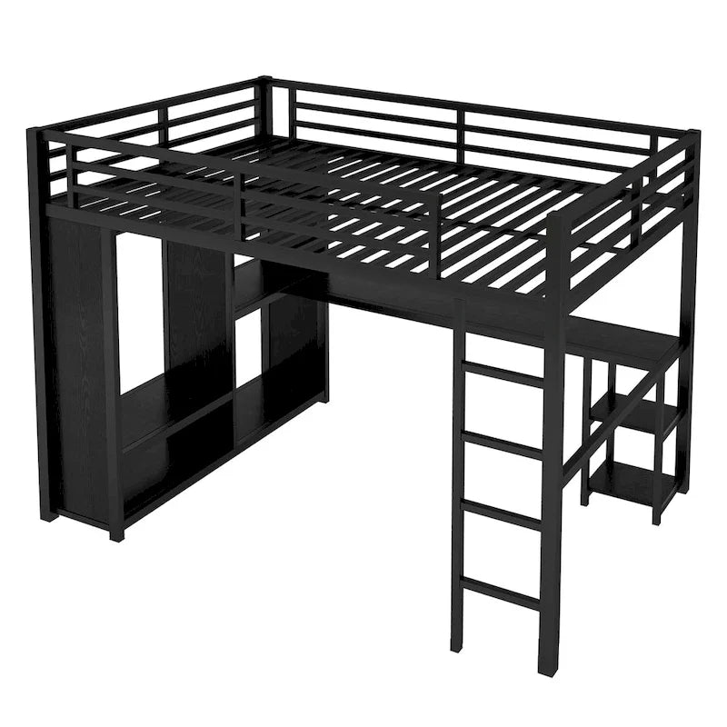 Loft Bed with Built-in Wardrobe, Desk, and Storage Shelves, Space-Saving Design