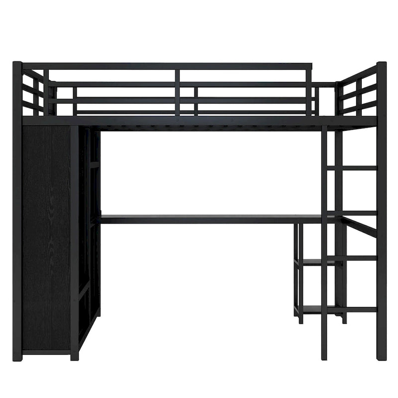 Loft Bed with Built-in Wardrobe, Desk, and Storage Shelves, Space-Saving Design