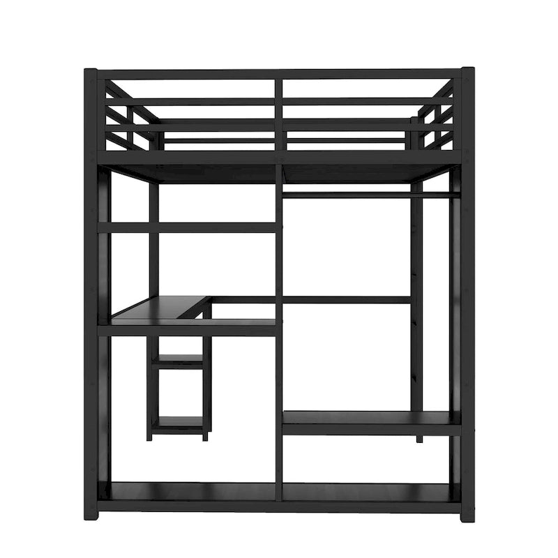 Loft Bed with Built-in Wardrobe, Desk, and Storage Shelves, Space-Saving Design