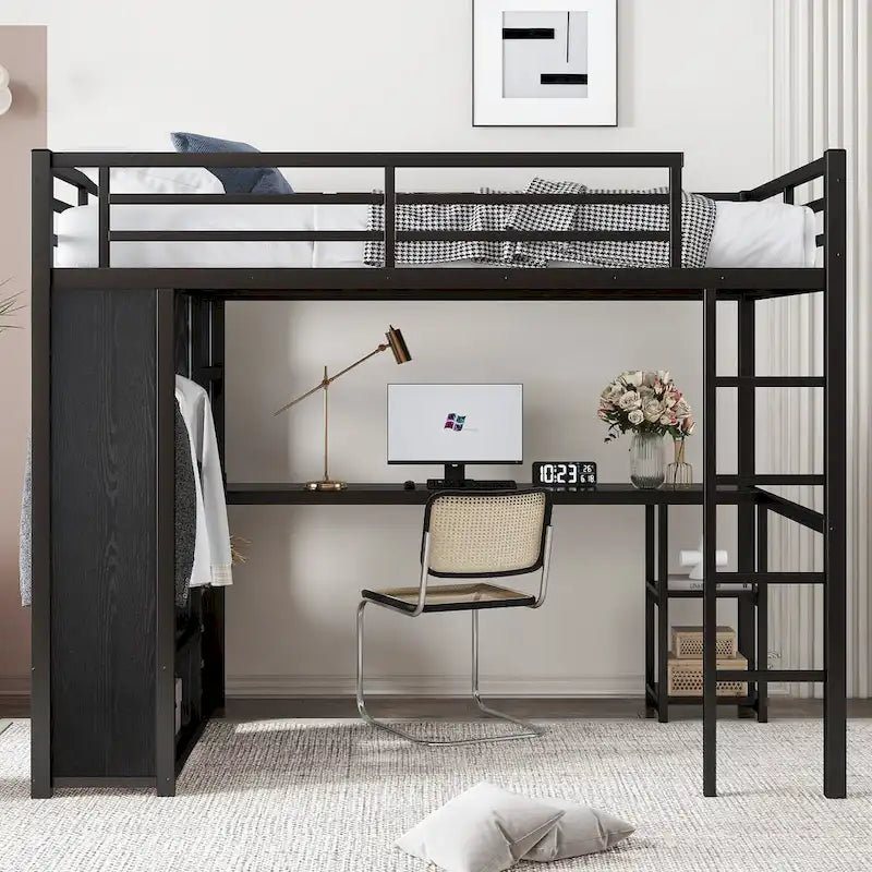 Loft Bed with Built-in Wardrobe, Desk, and Storage Shelves, Space-Saving Design