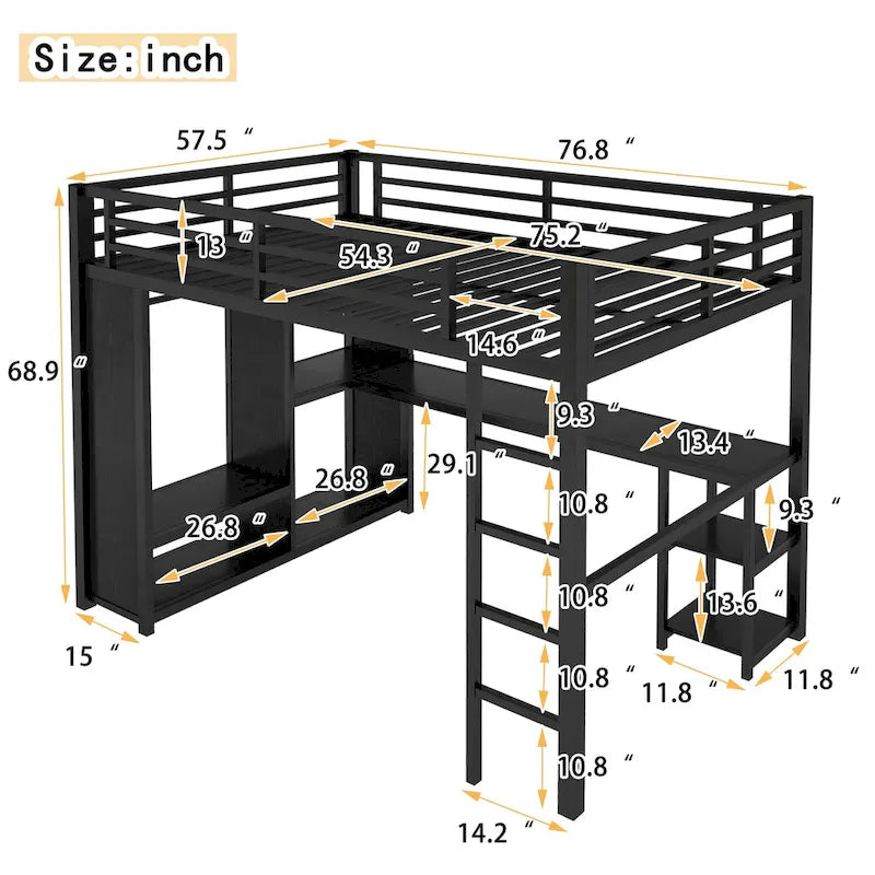 Loft Bed with Built-in Wardrobe, Desk, and Storage Shelves, Space-Saving Design