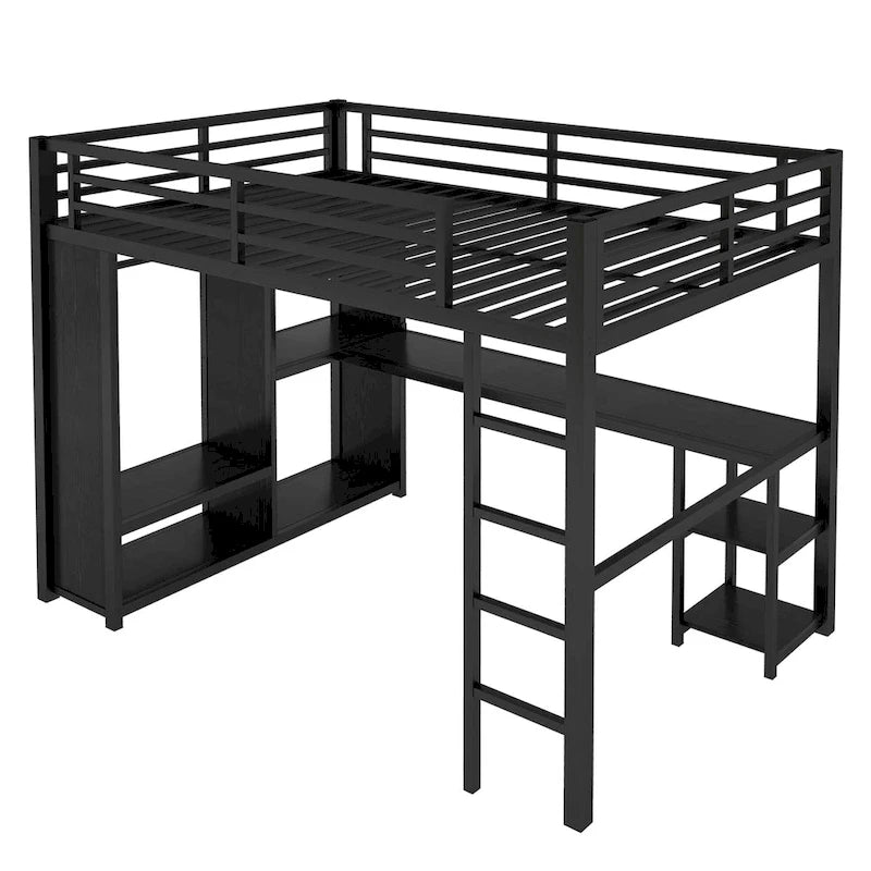 Loft Bed with Built-in Wardrobe, Desk, and Storage Shelves, Space-Saving Design