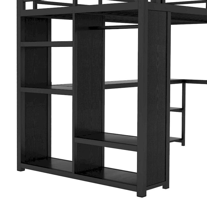 Loft Bed with Built-in Wardrobe, Desk, and Storage Shelves, Space-Saving Design
