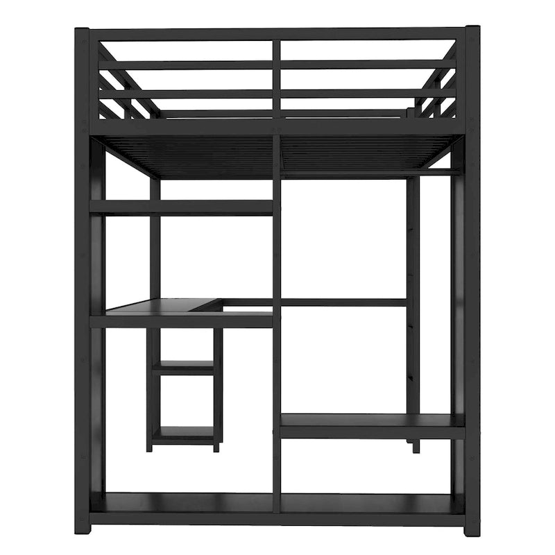 Loft Bed with Built-in Wardrobe, Desk, and Storage Shelves, Space-Saving Design