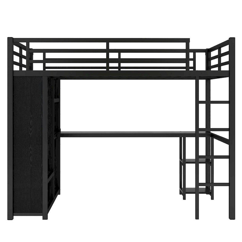 Loft Bed with Built-in Wardrobe, Desk, and Storage Shelves, Space-Saving Design