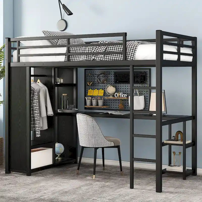 Loft Bed with Built-in Wardrobe, Desk, and Storage Shelves, Space-Saving Design