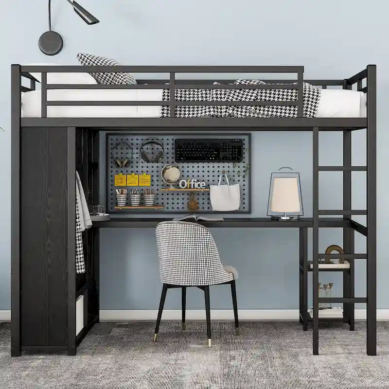 Loft Bed with Built-in Wardrobe, Desk, and Storage Shelves, Space-Saving Design