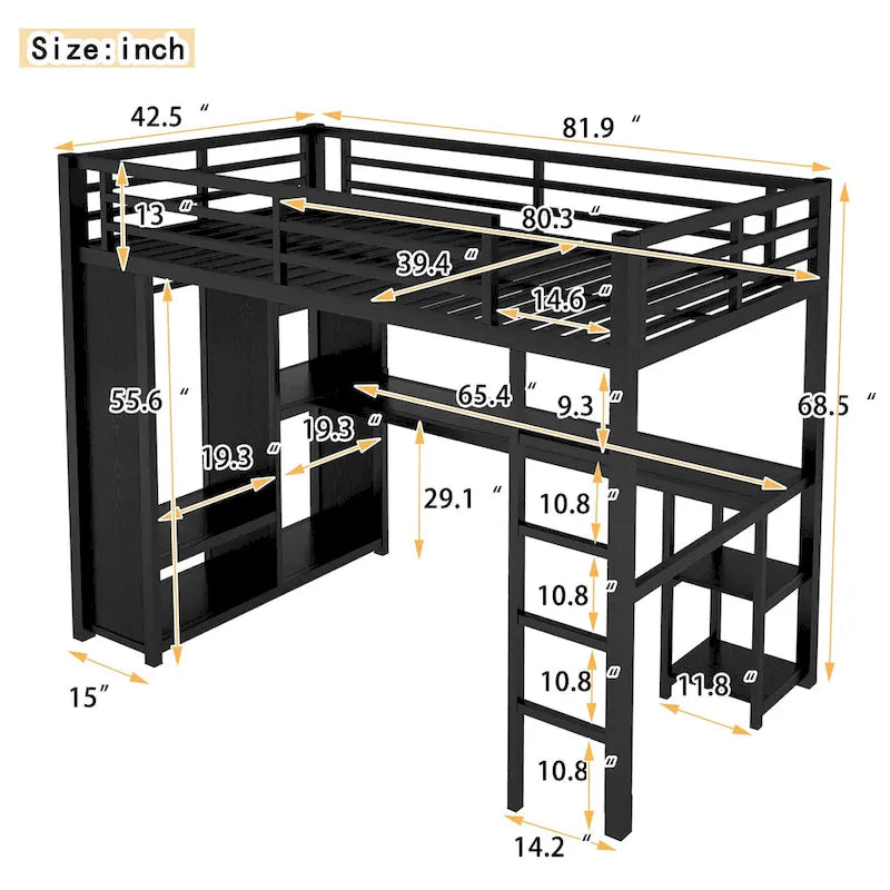 Loft Bed with Built-in Wardrobe, Desk, and Storage Shelves, Space-Saving Design