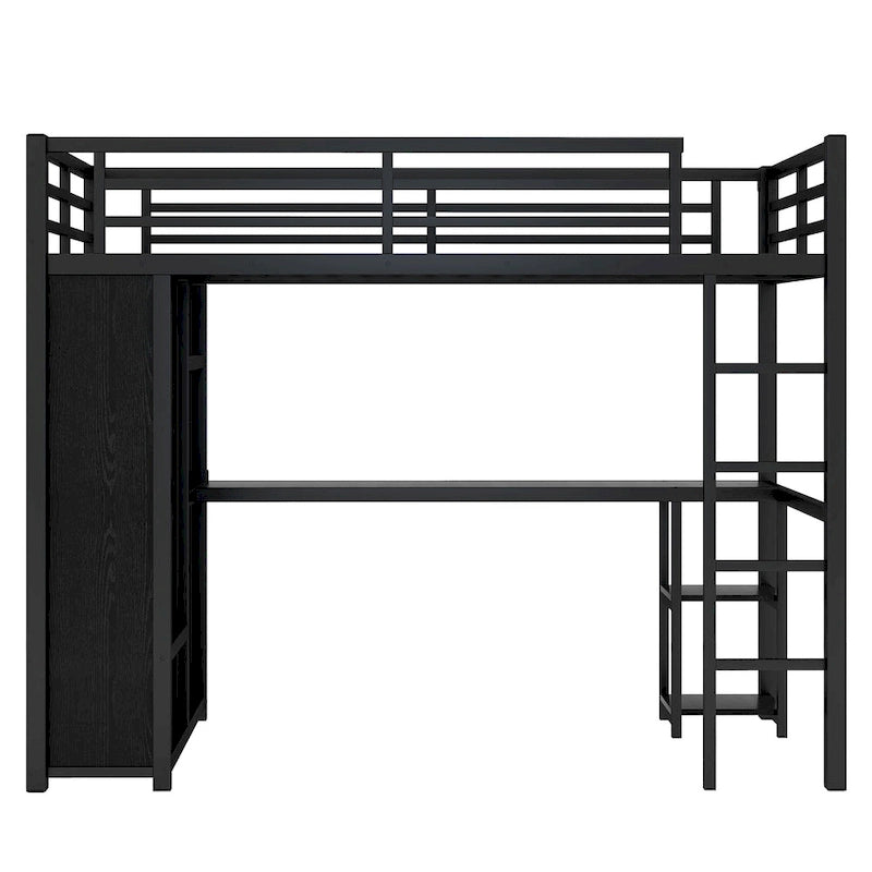 Loft Bed with Built-in Wardrobe, Desk, and Storage Shelves, Space-Saving Design