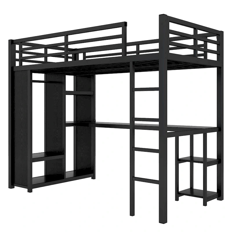 Loft Bed with Built-in Wardrobe, Desk, and Storage Shelves, Space-Saving Design