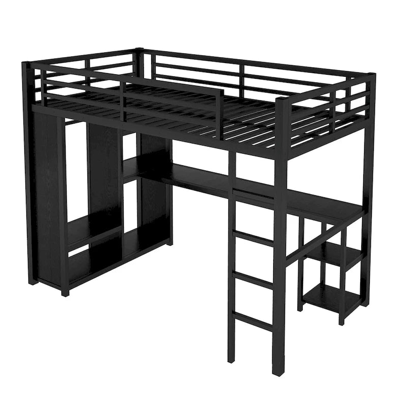 Loft Bed with Built-in Wardrobe, Desk, and Storage Shelves, Space-Saving Design