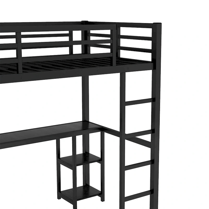 Loft Bed with Built-in Wardrobe, Desk, and Storage Shelves, Space-Saving Design