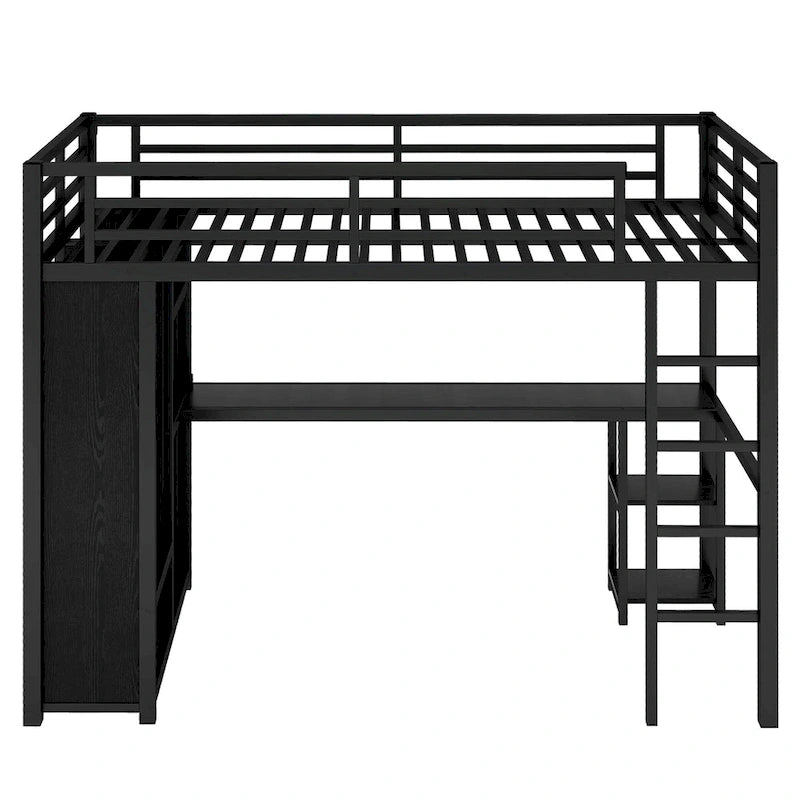 Loft Bed with Built-in Wardrobe, Desk, and Storage Shelves, Space-Saving Design