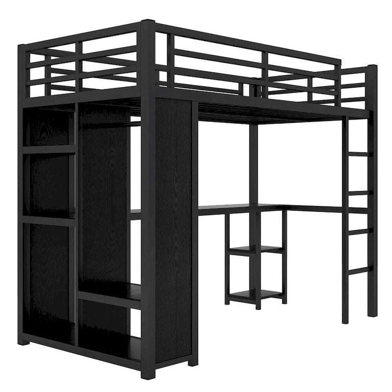 Loft Bed with Built-in Wardrobe, Desk, and Storage Shelves, Space-Saving Design