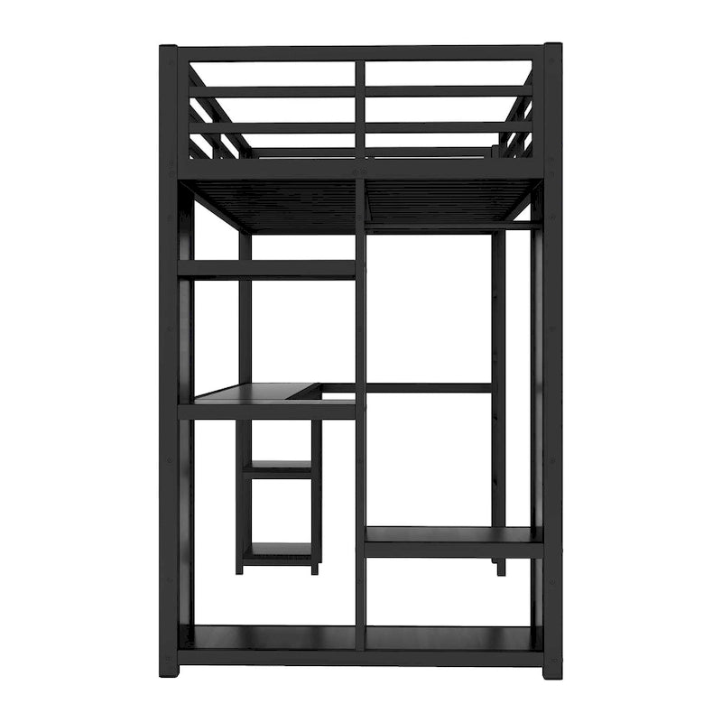 Loft Bed with Built-in Wardrobe, Desk, and Storage Shelves, Space-Saving Design
