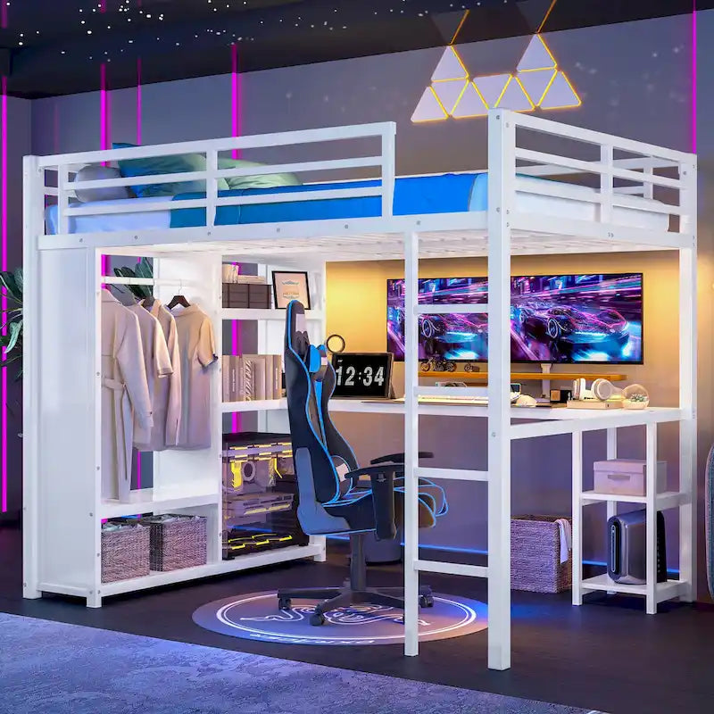 Loft Bed with Built-in Wardrobe, Desk, and Storage Shelves, Space-Saving Design