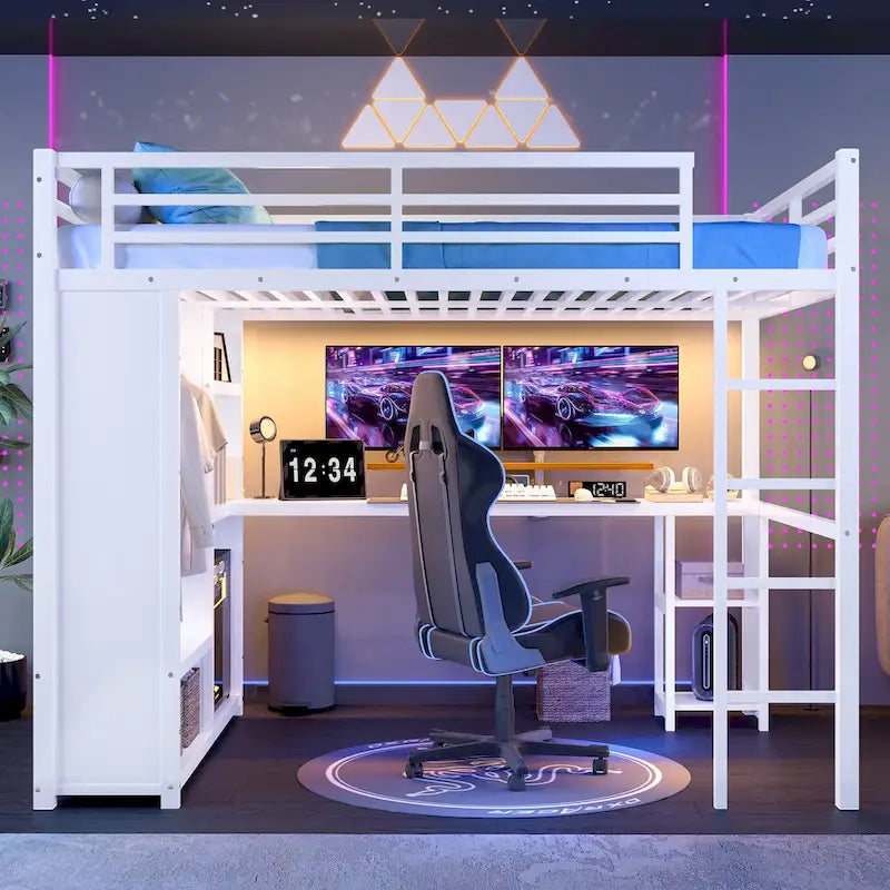 Loft Bed with Built-in Wardrobe, Desk, and Storage Shelves, Space-Saving Design