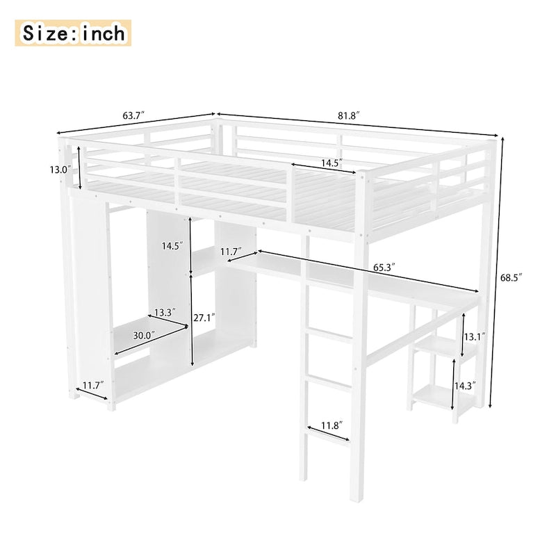 Loft Bed with Built-in Wardrobe, Desk, and Storage Shelves, Space-Saving Design