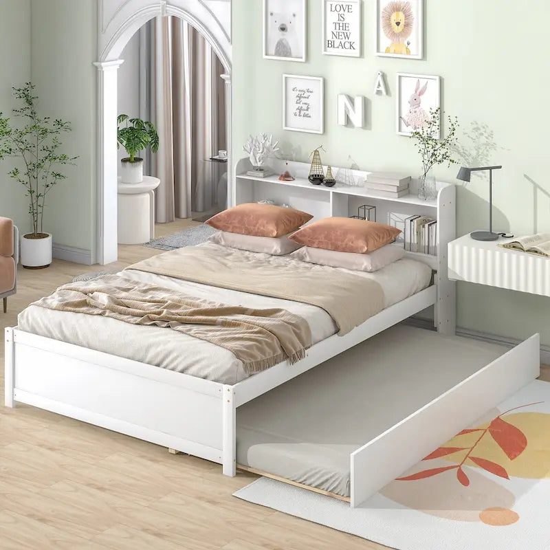 Wood Platform Bed with Trundle Bed, Storage Bed with Bookcase Headboard, Captains Bed, Wood Slat Support, No Box Spring Needed