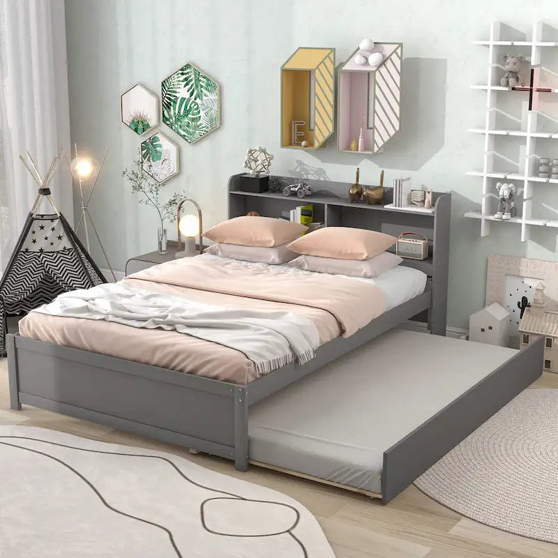Wood Platform Bed with Trundle Bed, Storage Bed with Bookcase Headboard, Captains Bed, Wood Slat Support, No Box Spring Needed