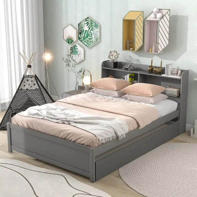 Wood Platform Bed with Trundle Bed, Storage Bed with Bookcase Headboard, Captains Bed, Wood Slat Support, No Box Spring Needed