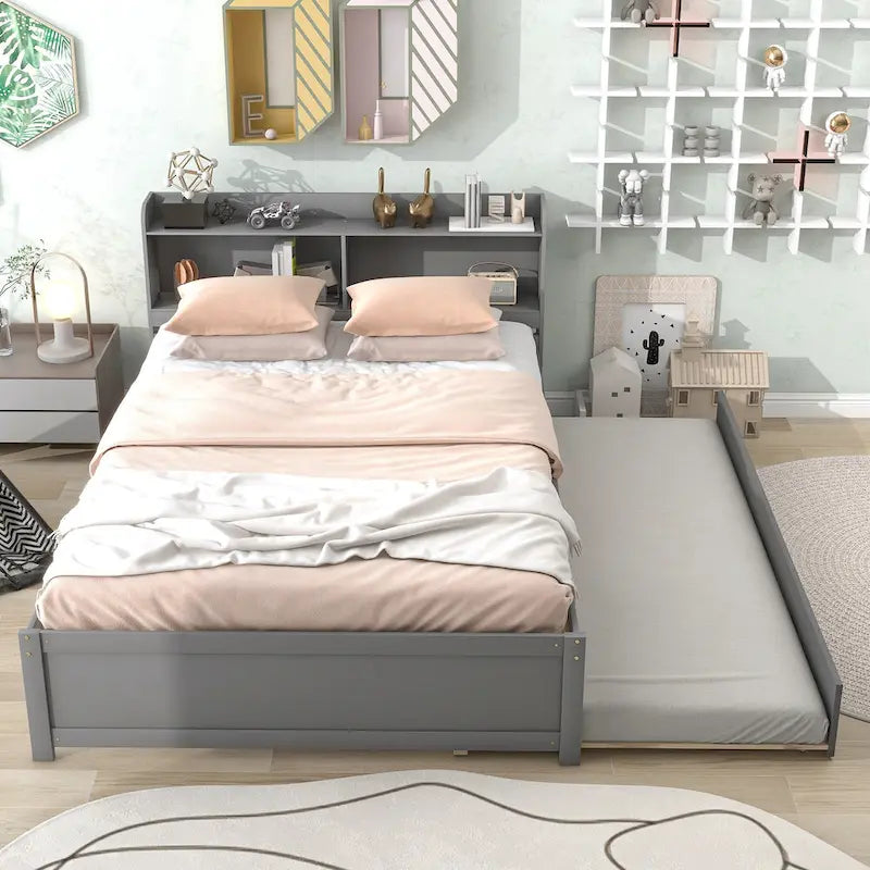 Wood Platform Bed with Trundle Bed, Storage Bed with Bookcase Headboard, Captains Bed, Wood Slat Support, No Box Spring Needed