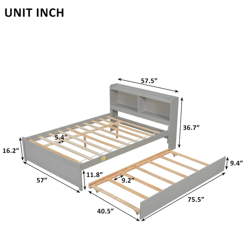 Wood Platform Bed with Trundle Bed, Storage Bed with Bookcase Headboard, Captains Bed, Wood Slat Support, No Box Spring Needed