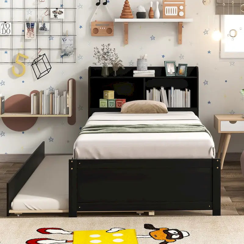 Wood Platform Bed with Trundle Bed, Storage Bed with Bookcase Headboard, Captains Bed, Wood Slat Support, No Box Spring Needed