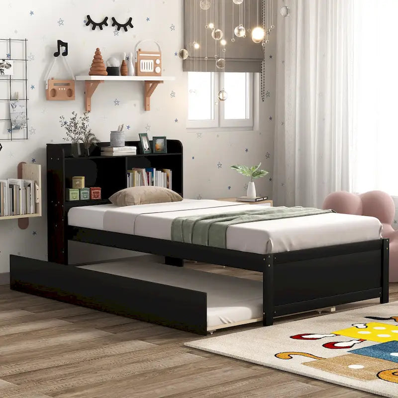 Wood Platform Bed with Trundle Bed, Storage Bed with Bookcase Headboard, Captains Bed, Wood Slat Support, No Box Spring Needed